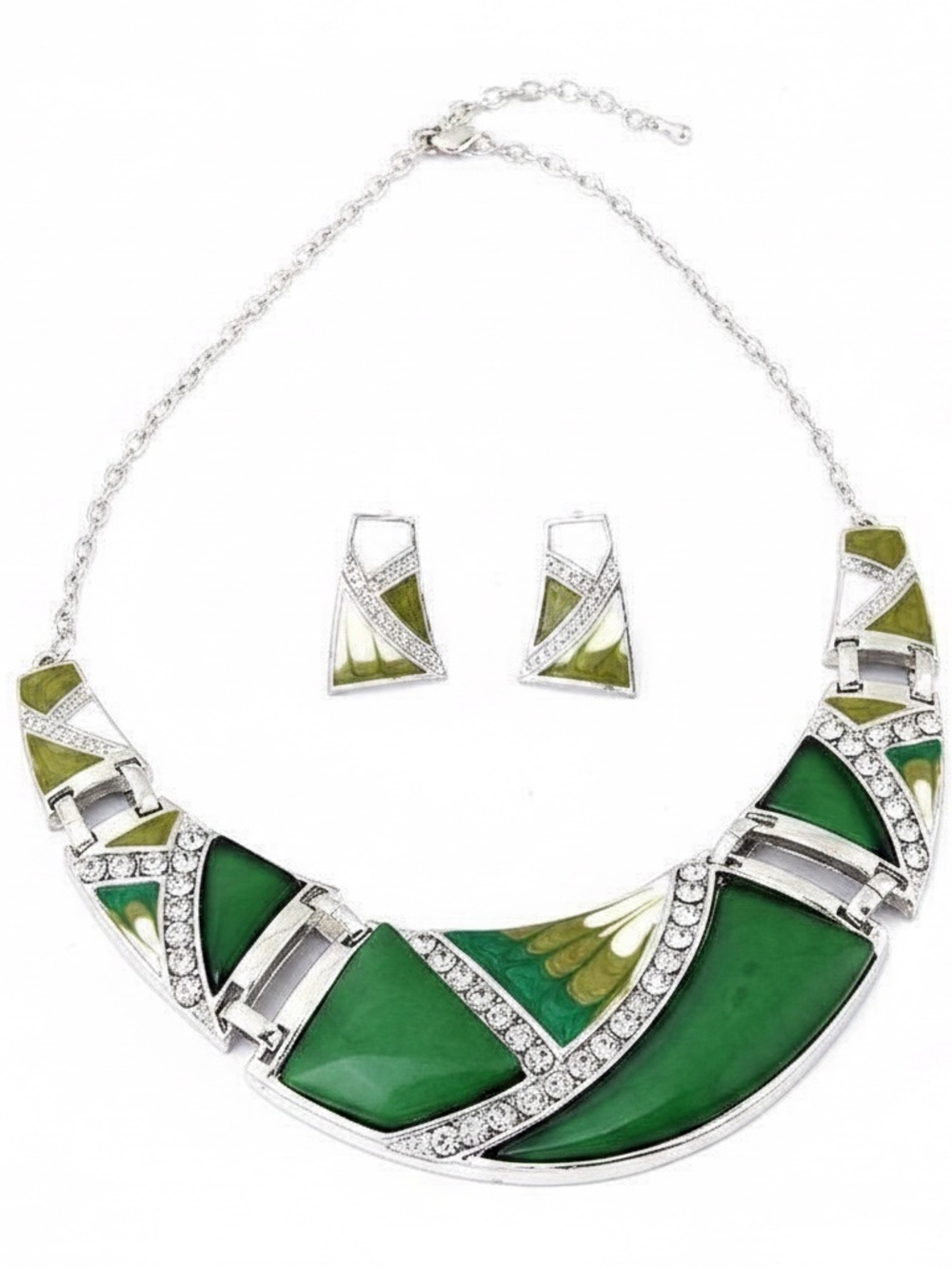 Womens Green Silver Tone‎ Pendant Necklace Earring Set